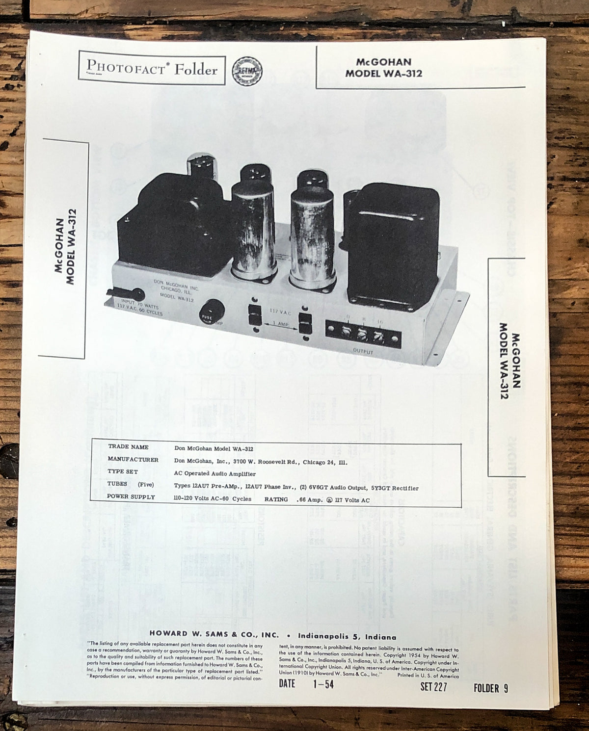 Don McGohan WA-312 Amplifier Sams Photofact Service Manual *Original*