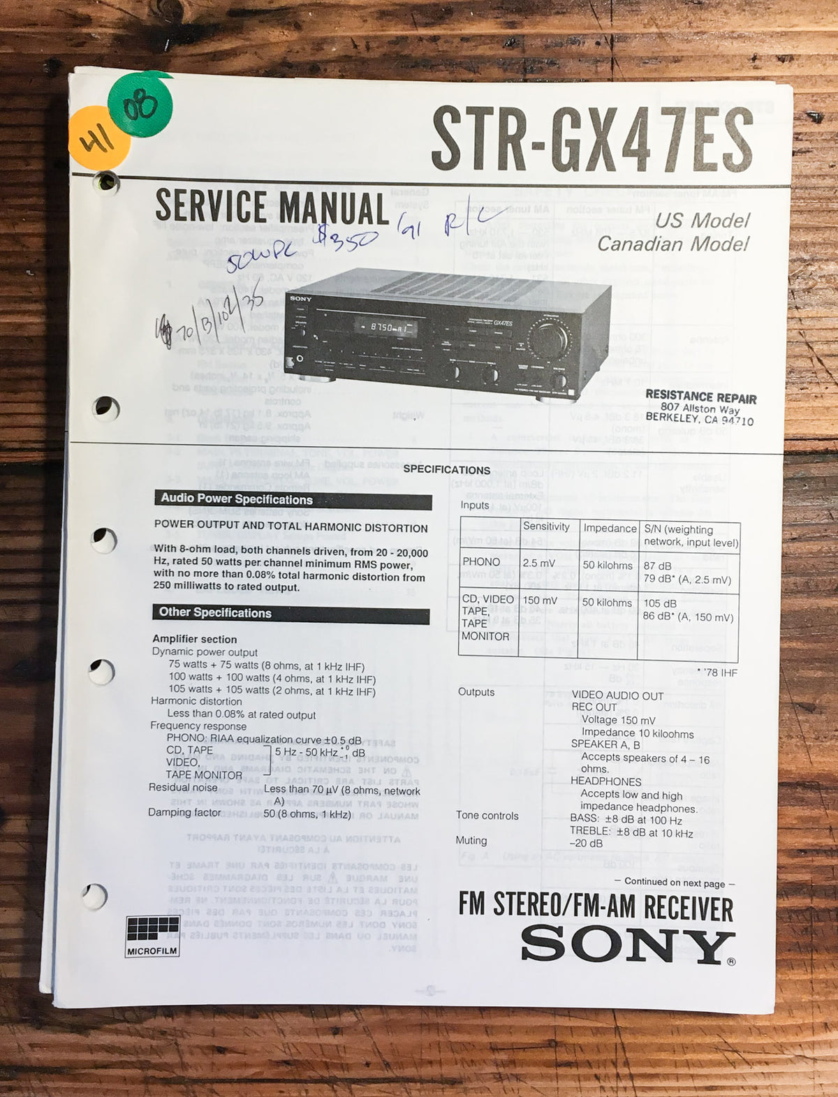 Sony STR-GX47ES Receiver  Service Manual *Original*