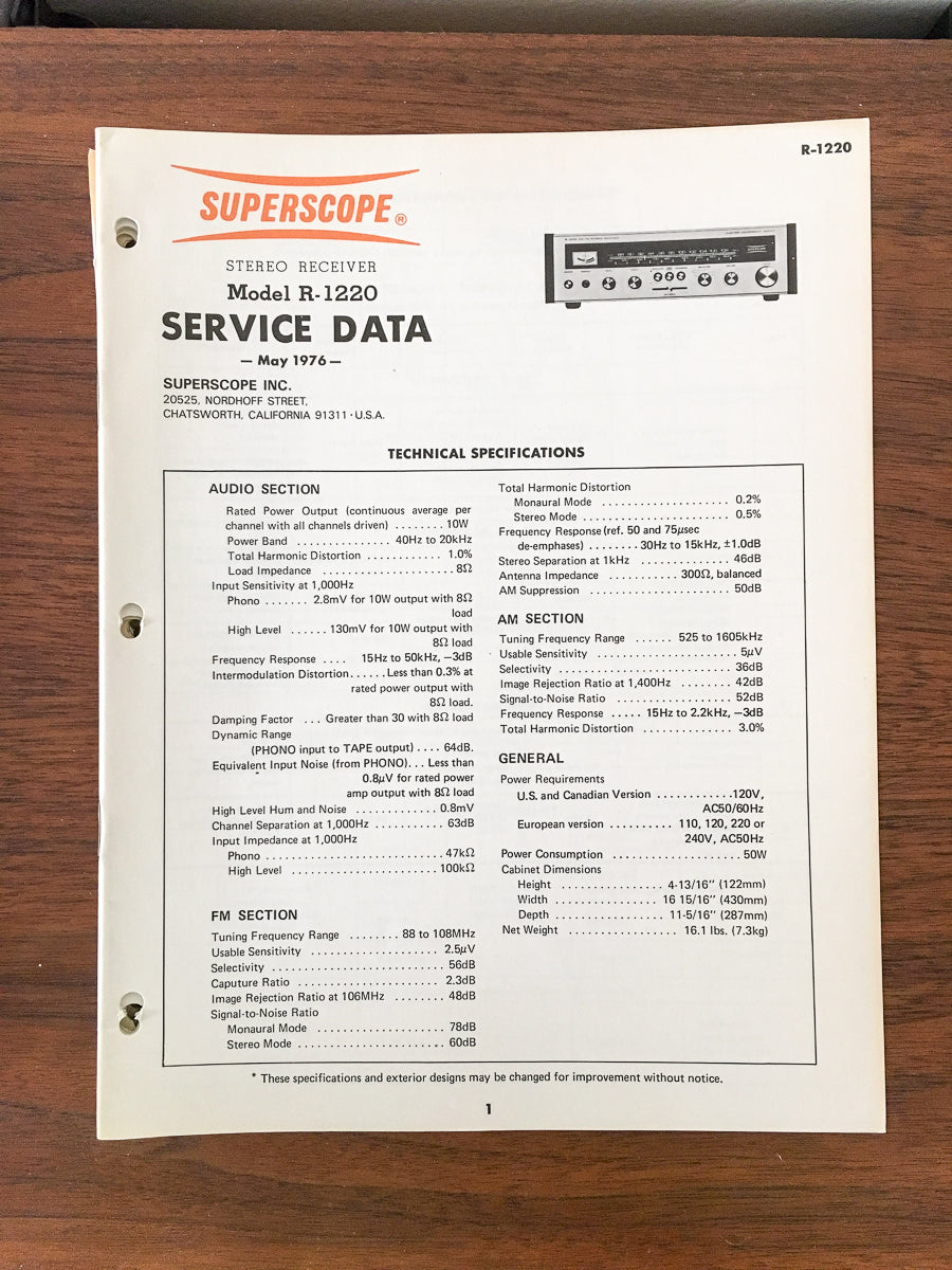 Superscope R-1220 Receiver Service Manual *Original*