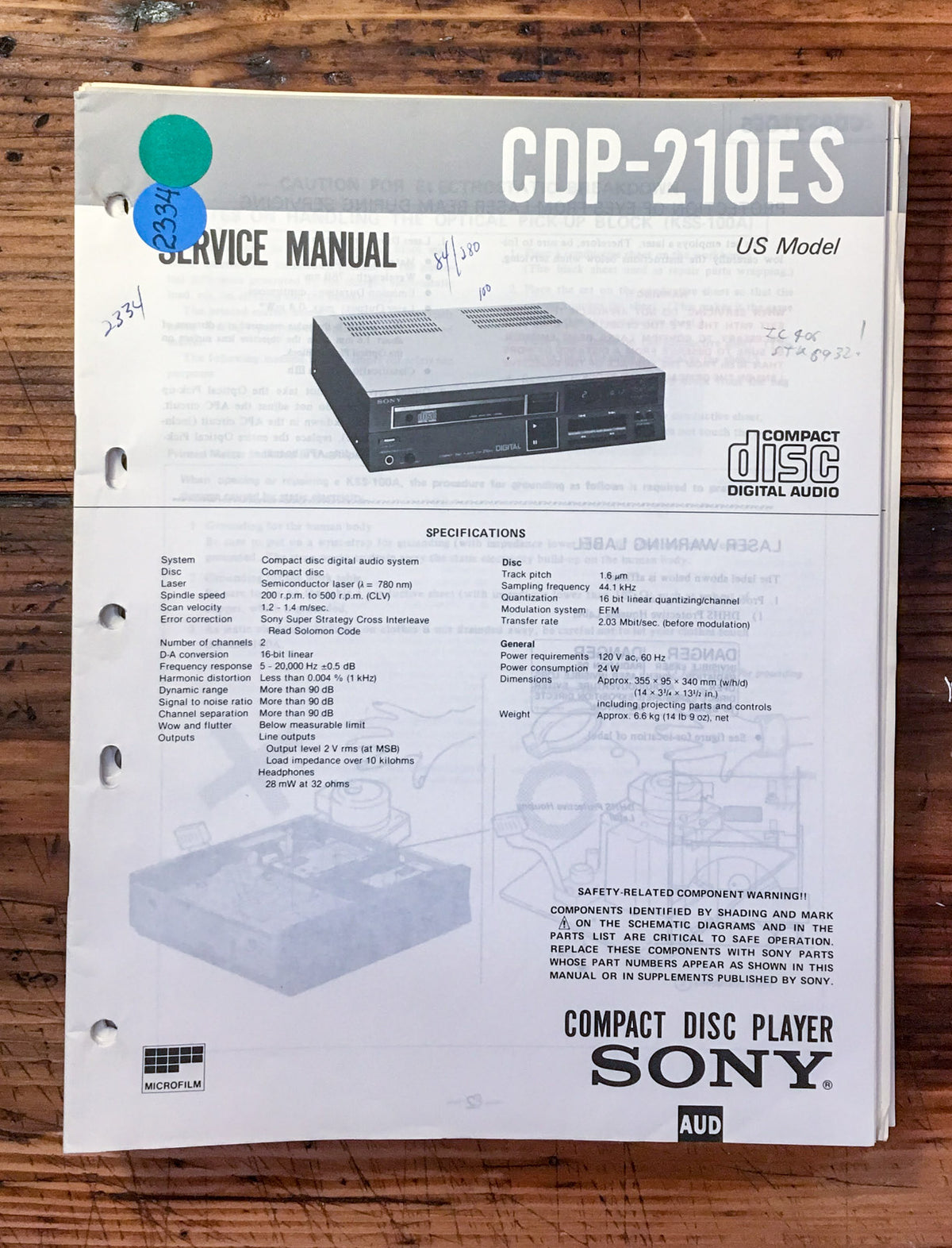 Sony CDP-210ES CD Player  Service Manual *Original*