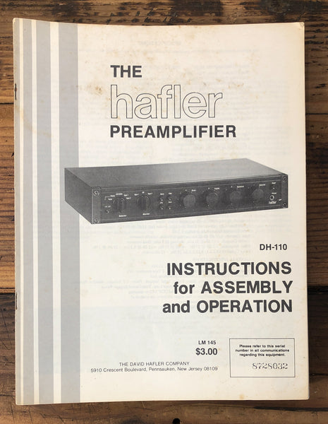 Hafler DH-110 Preamp / Preamplifier  Owner / User Manual *Original*