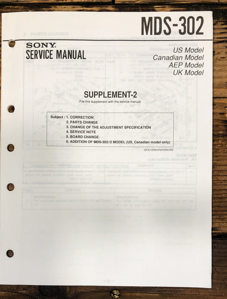 Sony MDS-302 MD Recorder Supp. #2 Service Manual *Original*