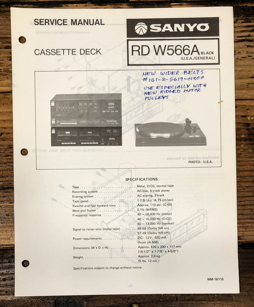 Sanyo RD W566A RD-W566A Cassette Service Manual *Original*