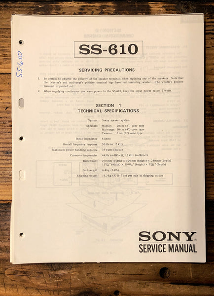 Sony SS-610 Speaker  Service Manual *Original*