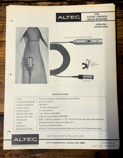 Altec Model 624A Microphone  Owners Manual & Schematic *Orig*