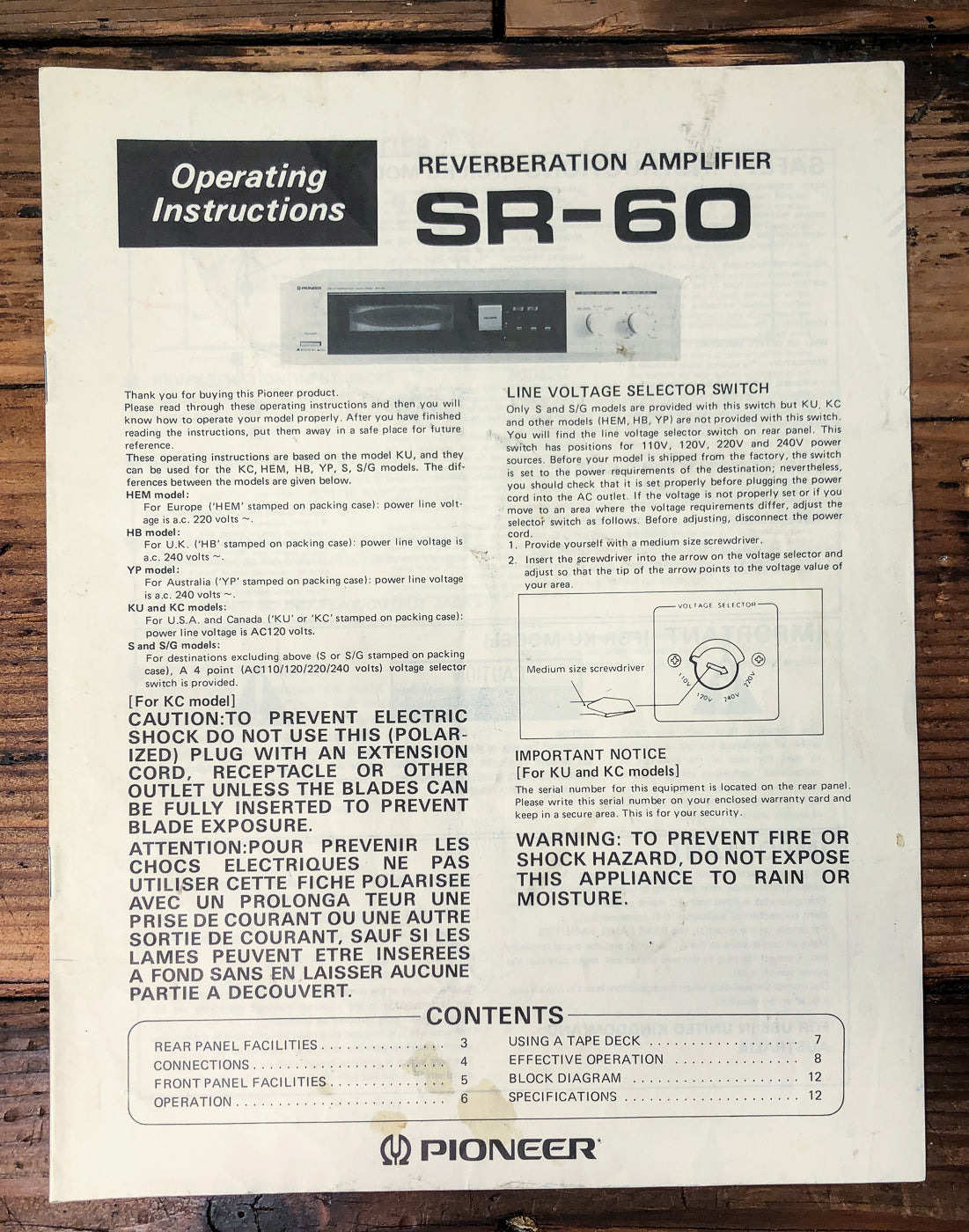 Pioneer SR-60 Reverberation Amplifier Owners / User Manual *Original*