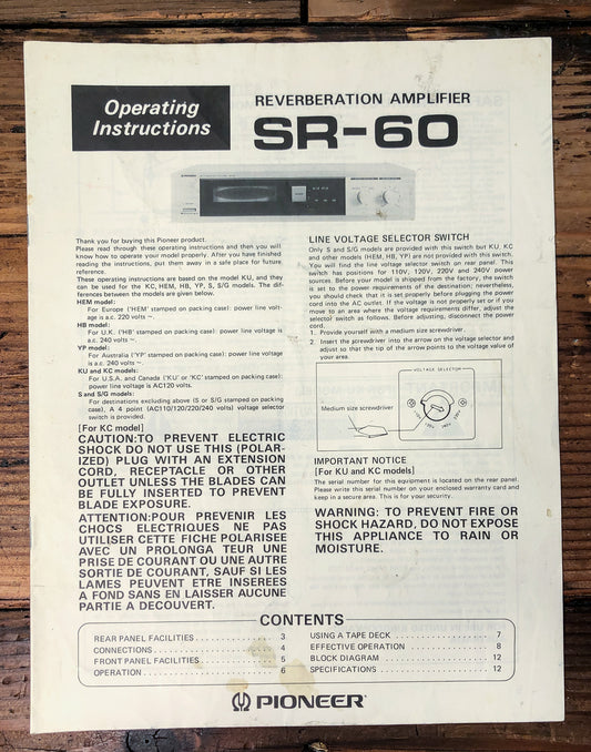 Pioneer SR-60 Reverberation Amplifier Owners / User Manual *Original*