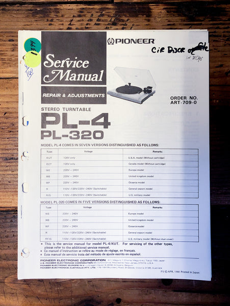 Pioneer PL-4 PL-320 Record Player / Turntable  Service Manual *Original*