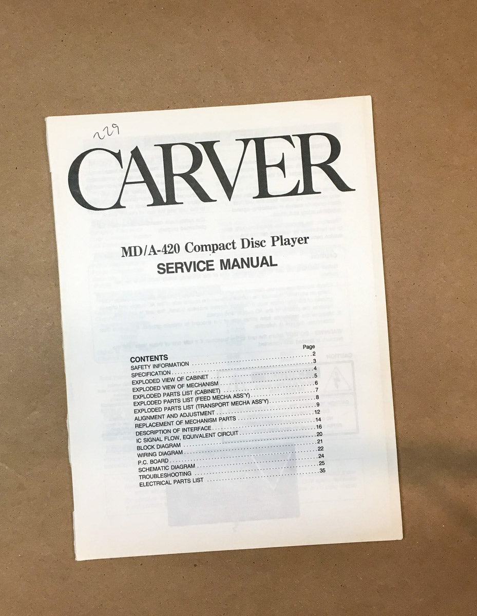 Carver MD/A-420 CD Player  Service Manual *Original*