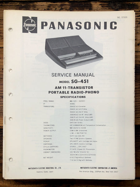 Panasonic SG-451 Record Player / Turntable  Service Manual *Original*