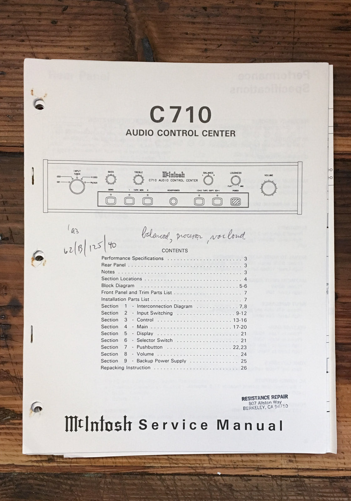 McIntosh C-710 Preamp / Preamplifier  Service Manual *Original*