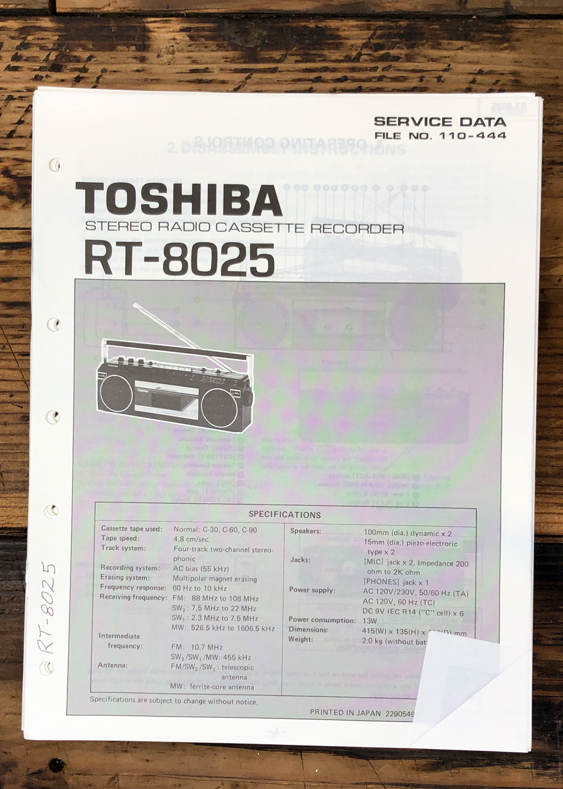 Toshiba RT-8025 Stereo Service Manual *Original*