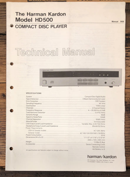 Harman Kardon HD500 HD-500 CD Player  Service Manual *Original*