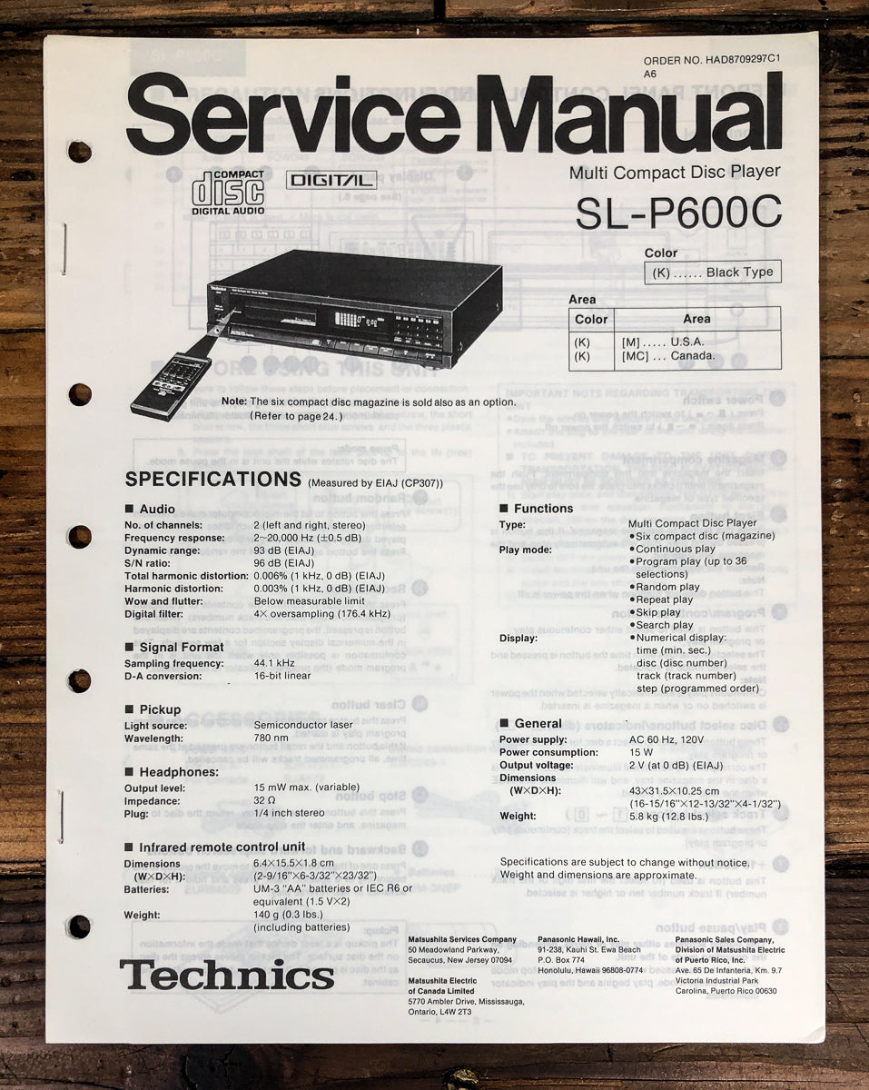 Technics SL-P600C CD Player Service Manual *Original*