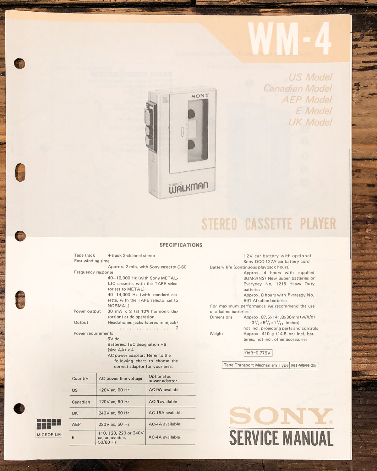 Sony WM-4 Radio Cassette Service Manual *Original*