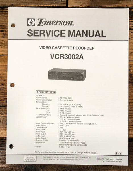 Emerson / Orion Model VCR3002A VCR Service Manual *Original*