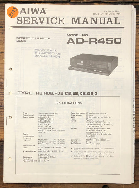 Aiwa AD-R450 Cassette  Service Manual *Original*