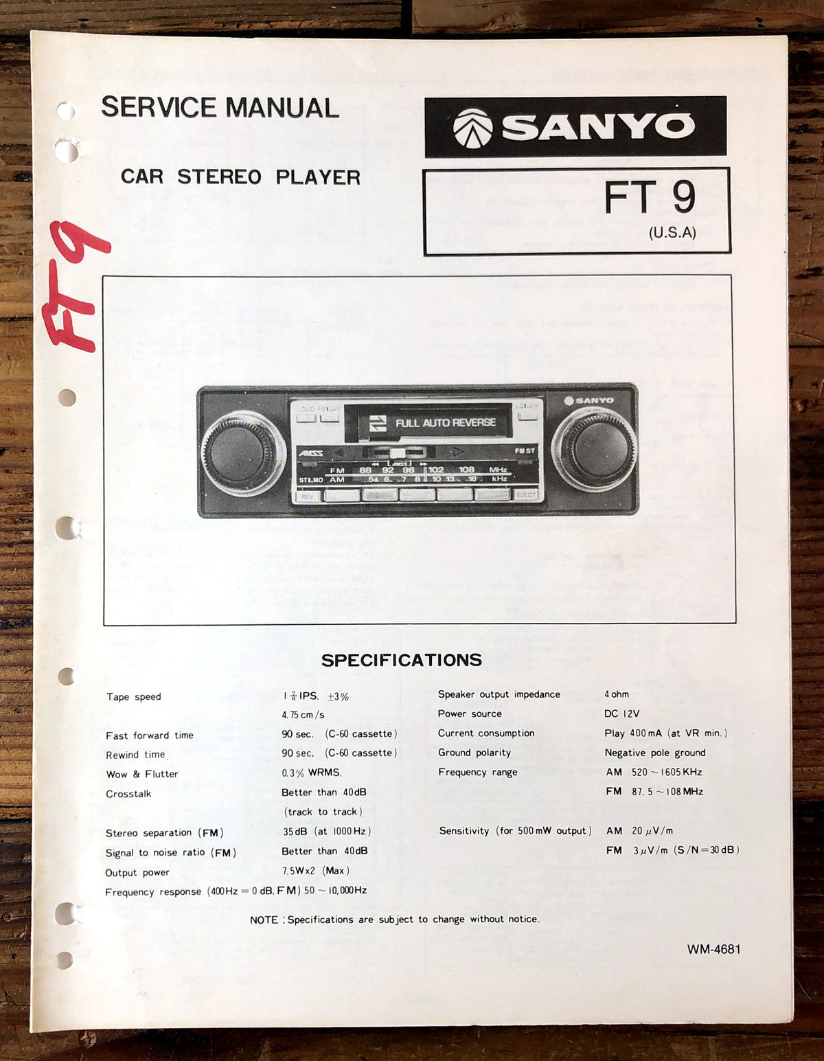 Sanyo FT 9 Car Stereo Player Service Manual *Original*