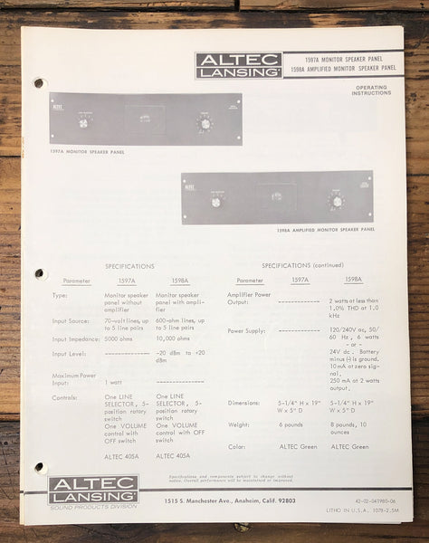 Altec Model 1597A 1598A Speaker Panel  Owners & Schematic Manual *ORIGINAL*