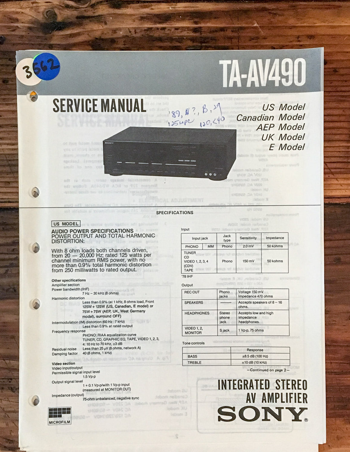 Sony TA-AV490 Amplifier  Service Manual *Original*