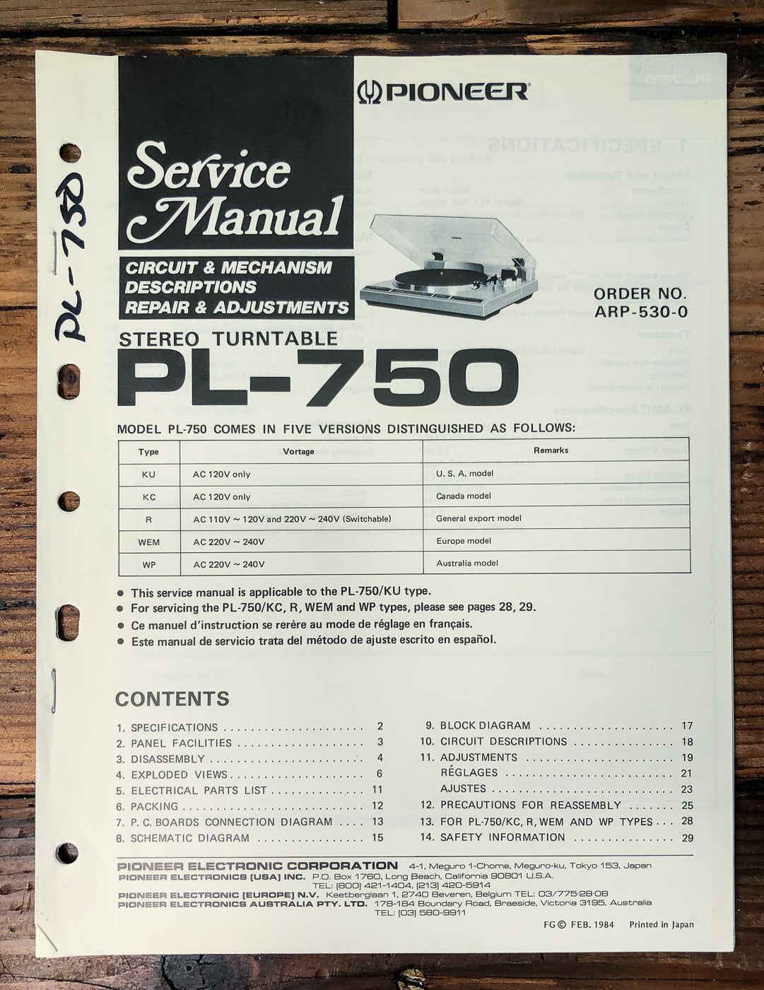 Pioneer PL-750 Turntable Service Manual *Original*