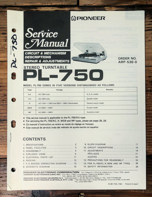 Pioneer PL-750 Turntable Service Manual *Original*