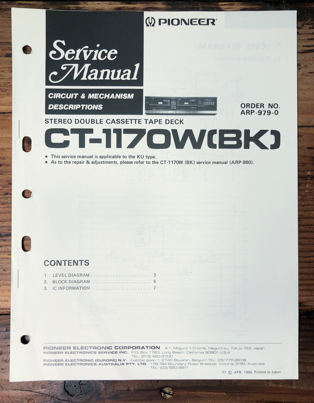 Pioneer CT-1170W Double Cassette Deck Service Manual *Original*