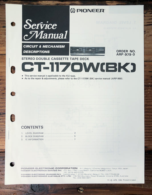 Pioneer CT-1170W Double Cassette Deck Service Manual *Original*