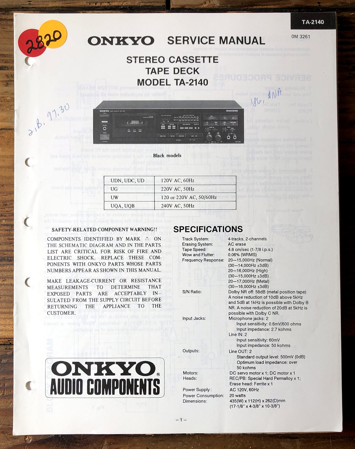 Onkyo TA-2140 Stereo Cassette Deck Service Manual *Original*