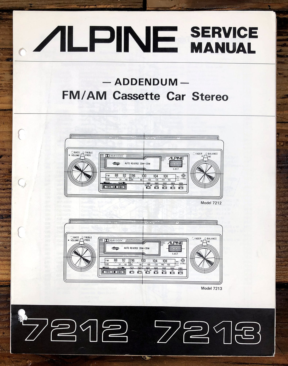 Alpine 7212 7213 FM/AM Cassette Car Stereo Supp. Service Manual *Original*