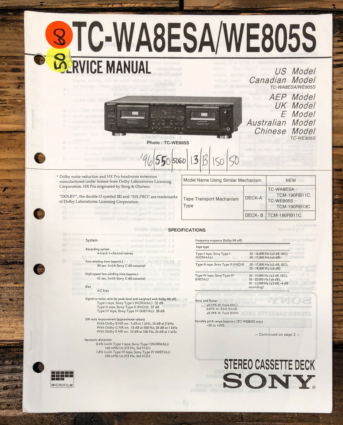 Sony TC-WA8ESA TC-WE805S Cassette Service Manual *Original*