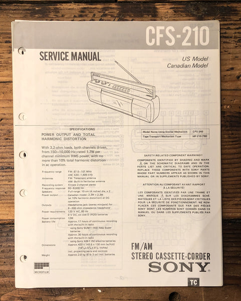 Sony CFS-210 Stereo  Service Manual *Original*