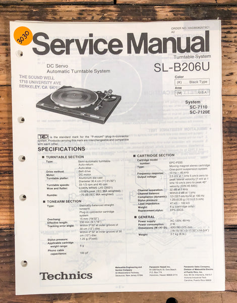 Technics SL-B206U Record Player / Turntable  Service Manual *Original*