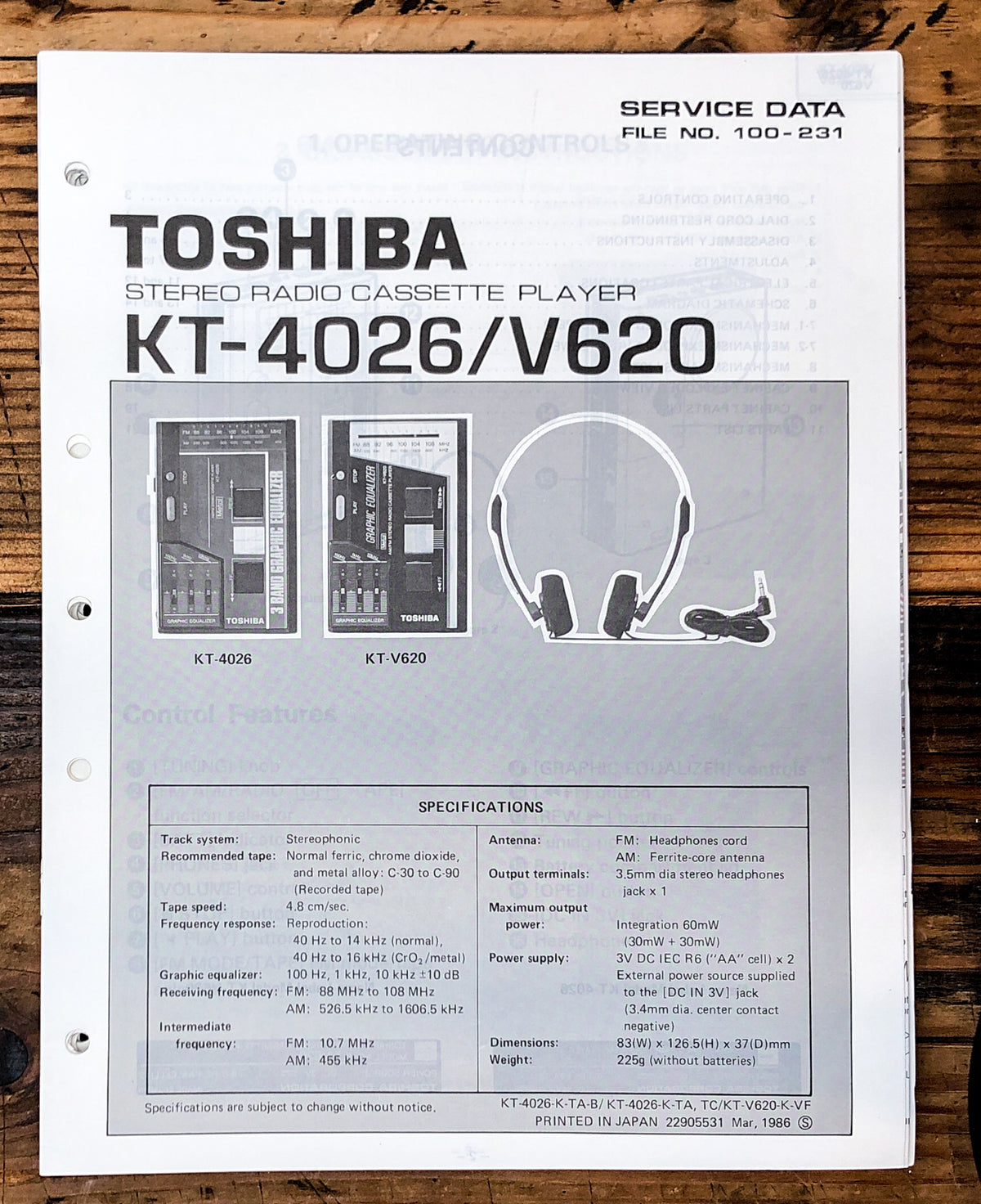 Toshiba KT-4026 KT-V620 Cassette Player Service Manual *Original*
