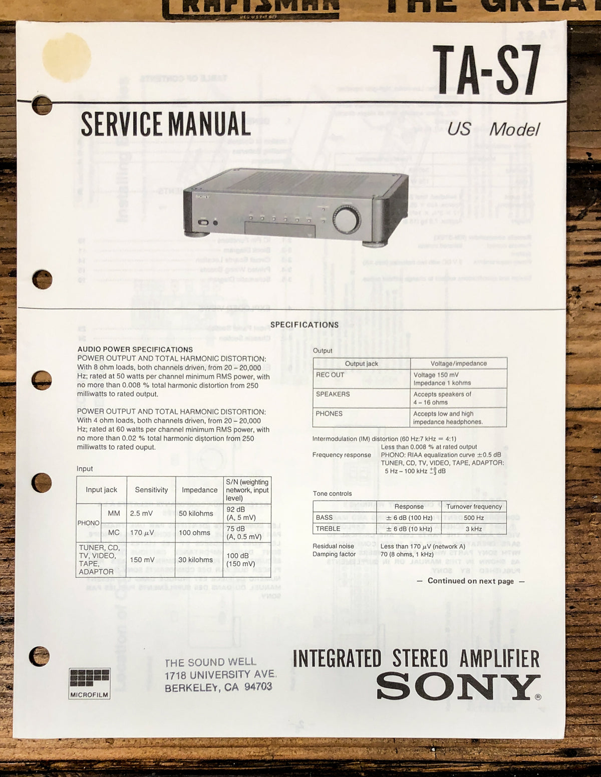 Sony TA-S7 Amplifier  Service Manual *Original*