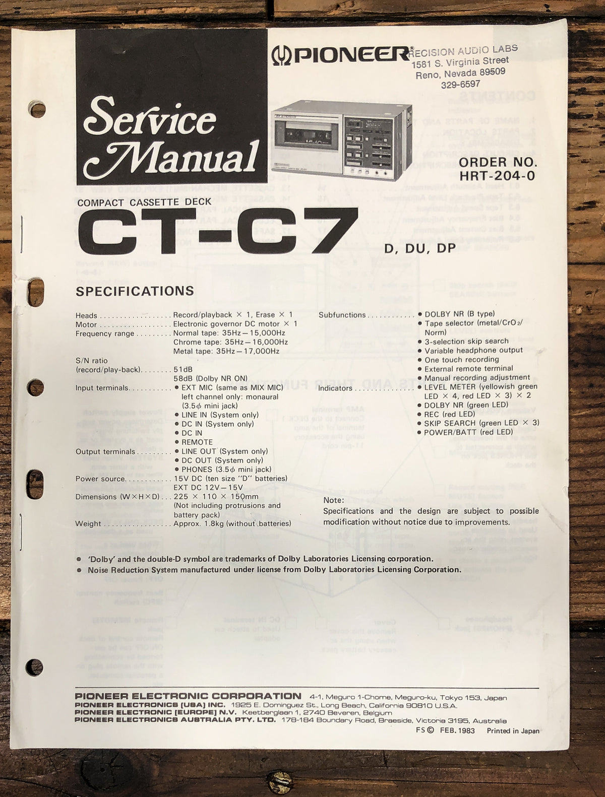 Pioneer CT-C7 Cassette Service Manual *Original*