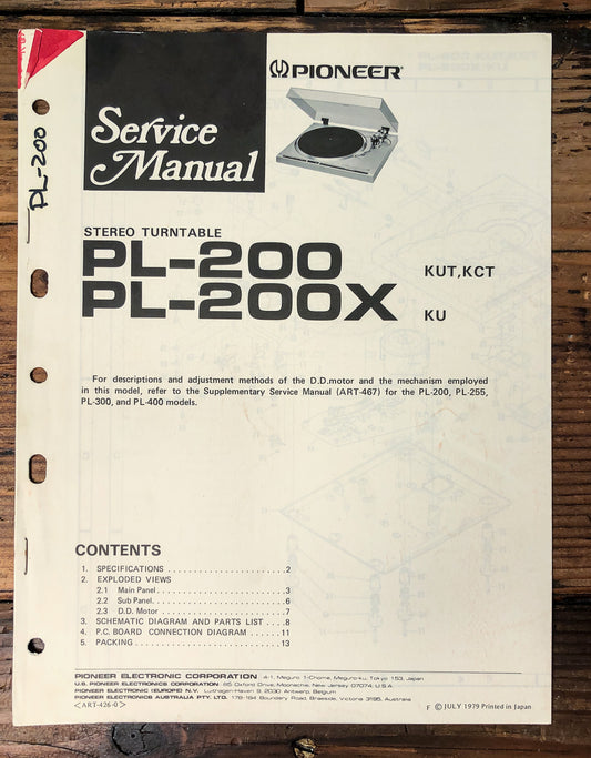 Pioneer PL-200 PL-200X Turntable Service Manual *Original*
