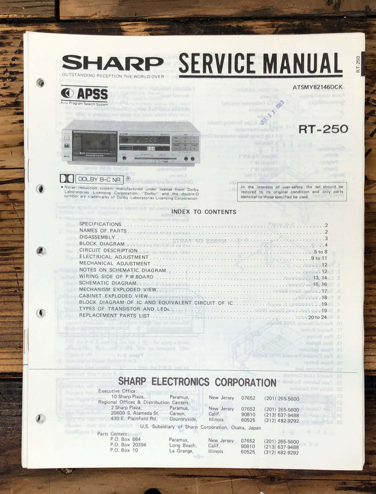 Sharp RT-250 Cassette Service Manual *Original*