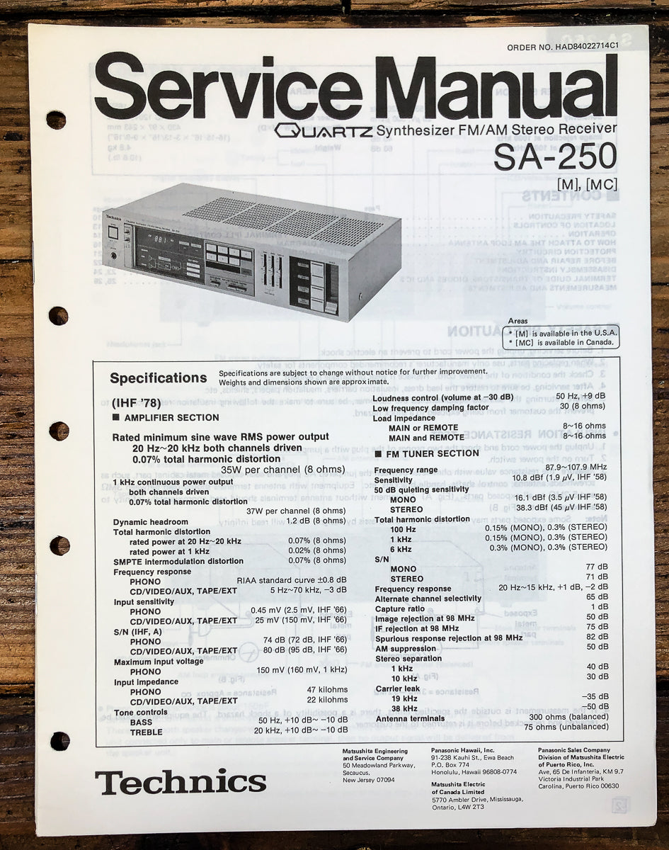 Technics SA-250 Receiver Service Manual *Original*