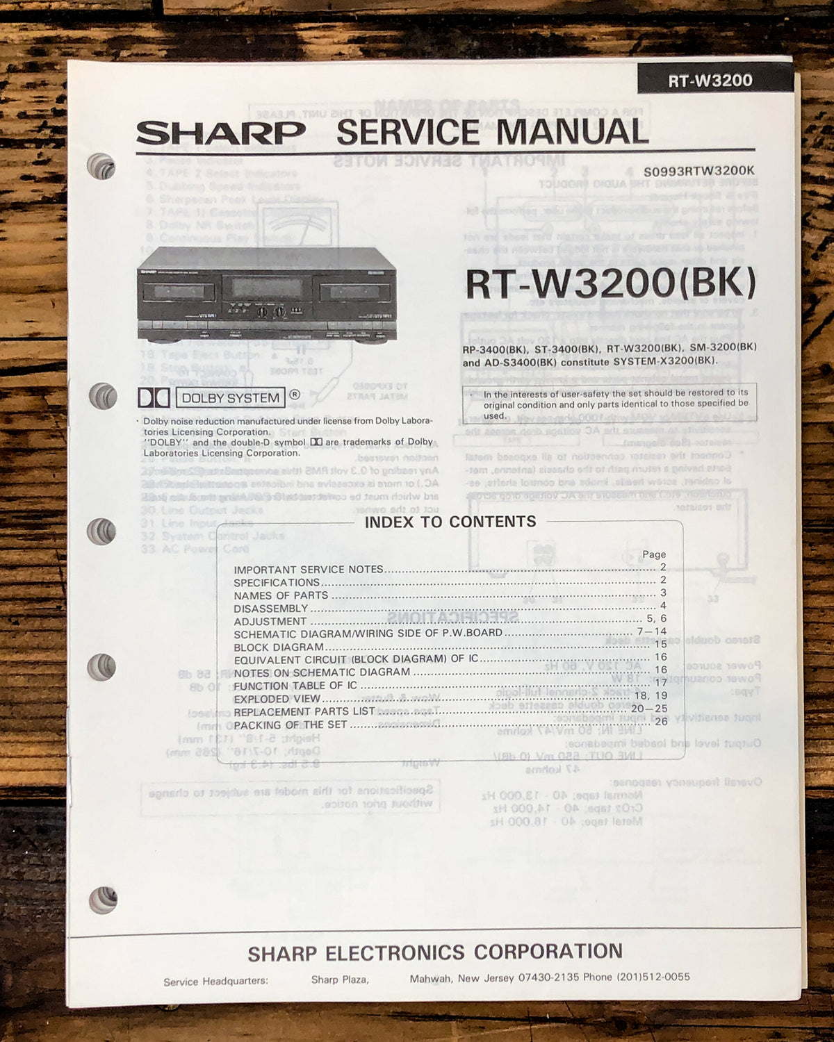 Sharp RT-W3200 Cassette Service Manual *Original*