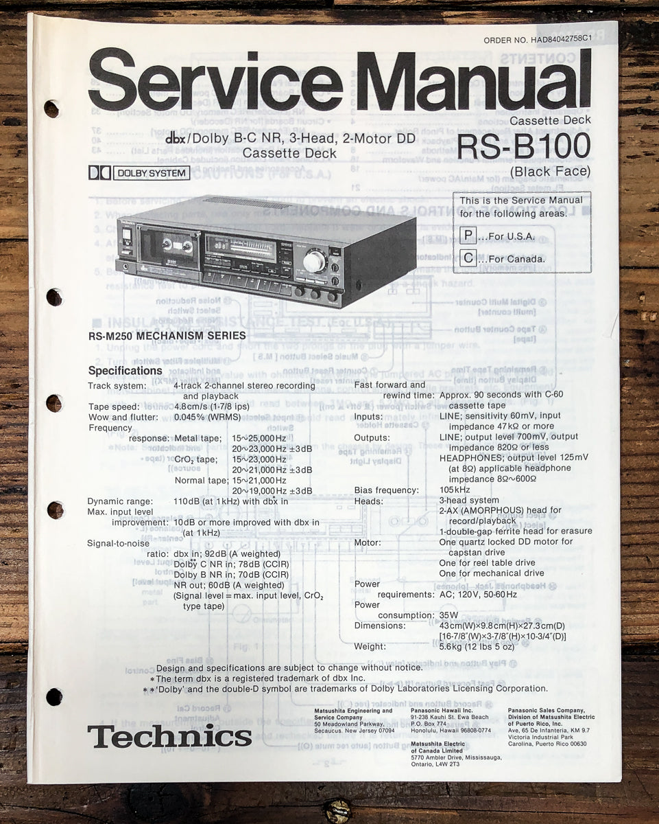 Technics RS-B100 Cassette Service Manual *Original*