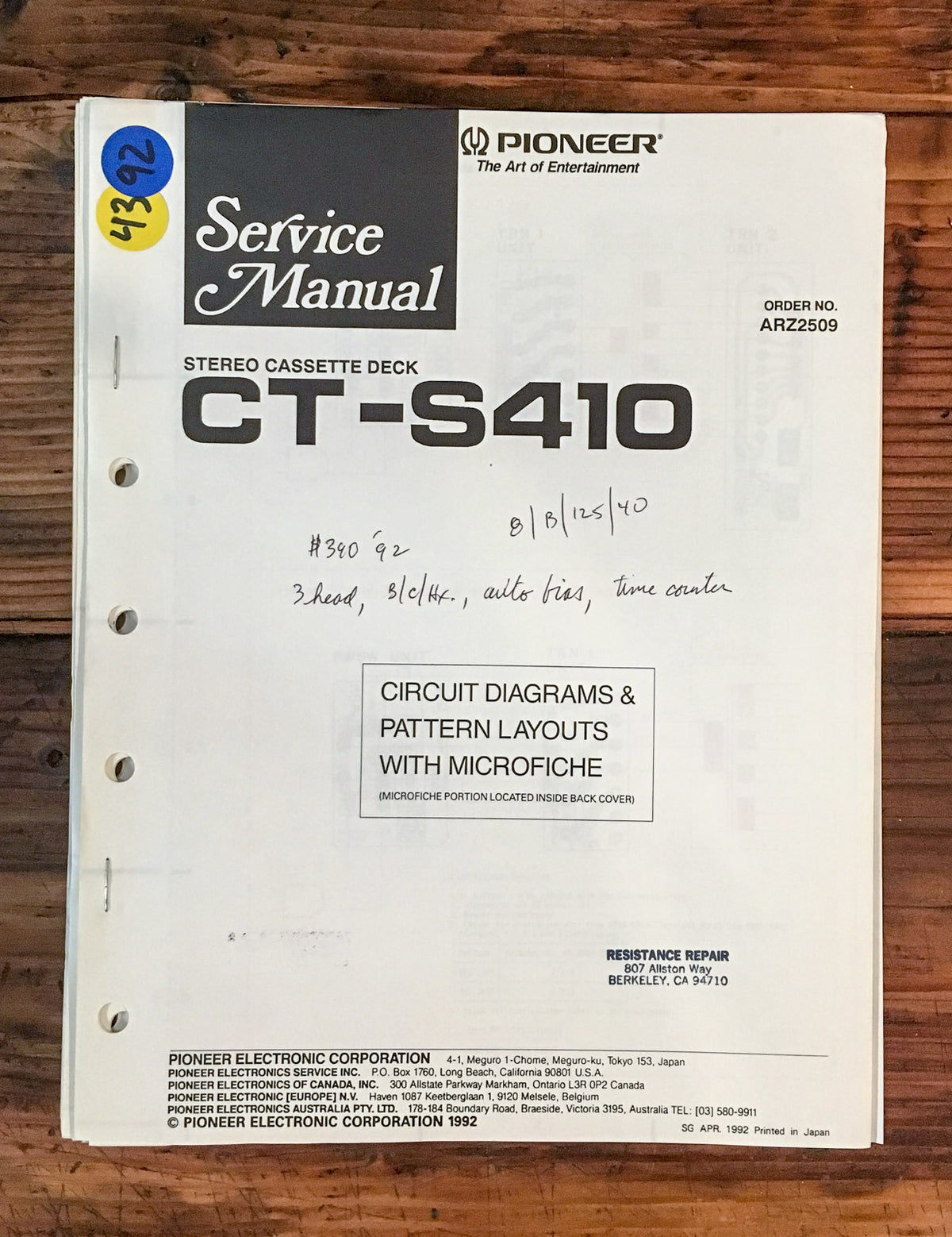 Pioneer CT-S410 Cassette  Service Manual *Original*