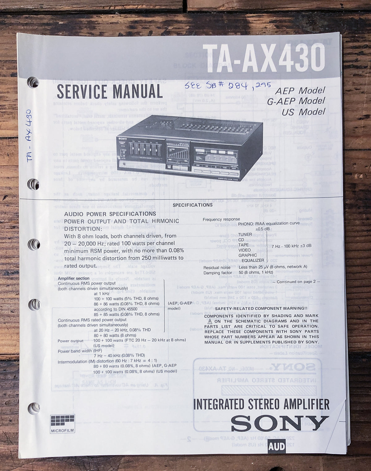 Sony TA-AX430 Amplifier  Service Manual *Original*
