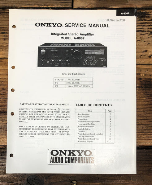 Onkyo A-8067 Amplifier  Service Manual *Original*