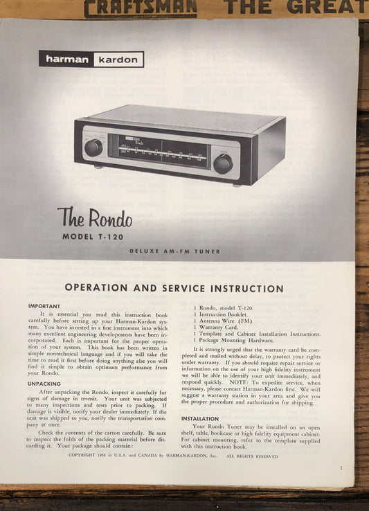 Harman Kardon Model T-120 The Rondo Tuner Owner &  Service Manual *Original*