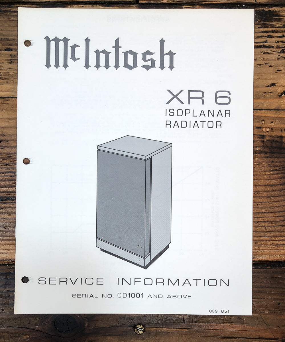McIntosh XR-6 XR6 Speaker Service Manual *Original*