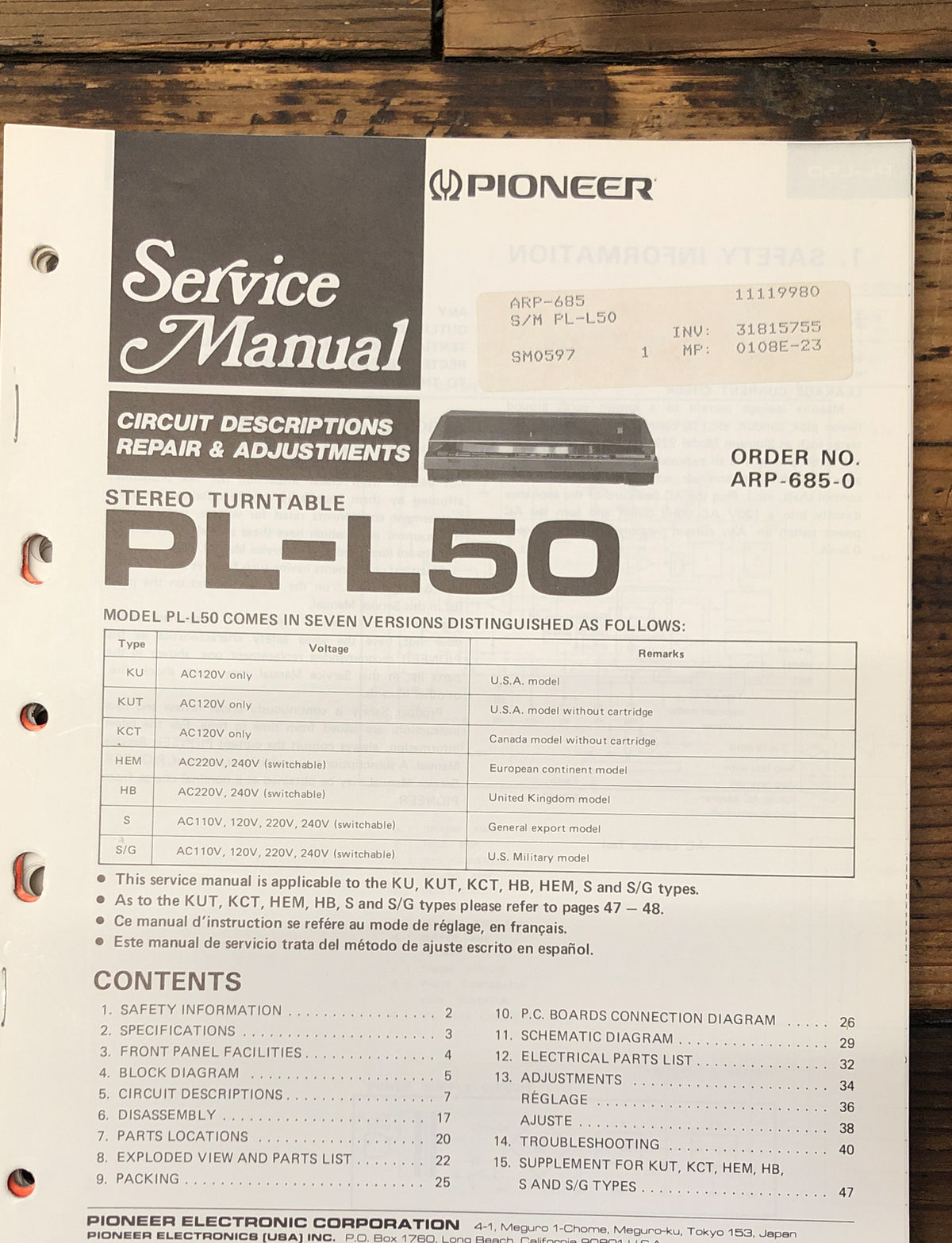 Pioneer PL-L50 Record Player / Turntable Service Manual *Original*