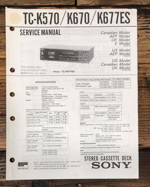 Sony TC-K570 TC-K670 TC-K677ES Cassette Service Manual *Original*