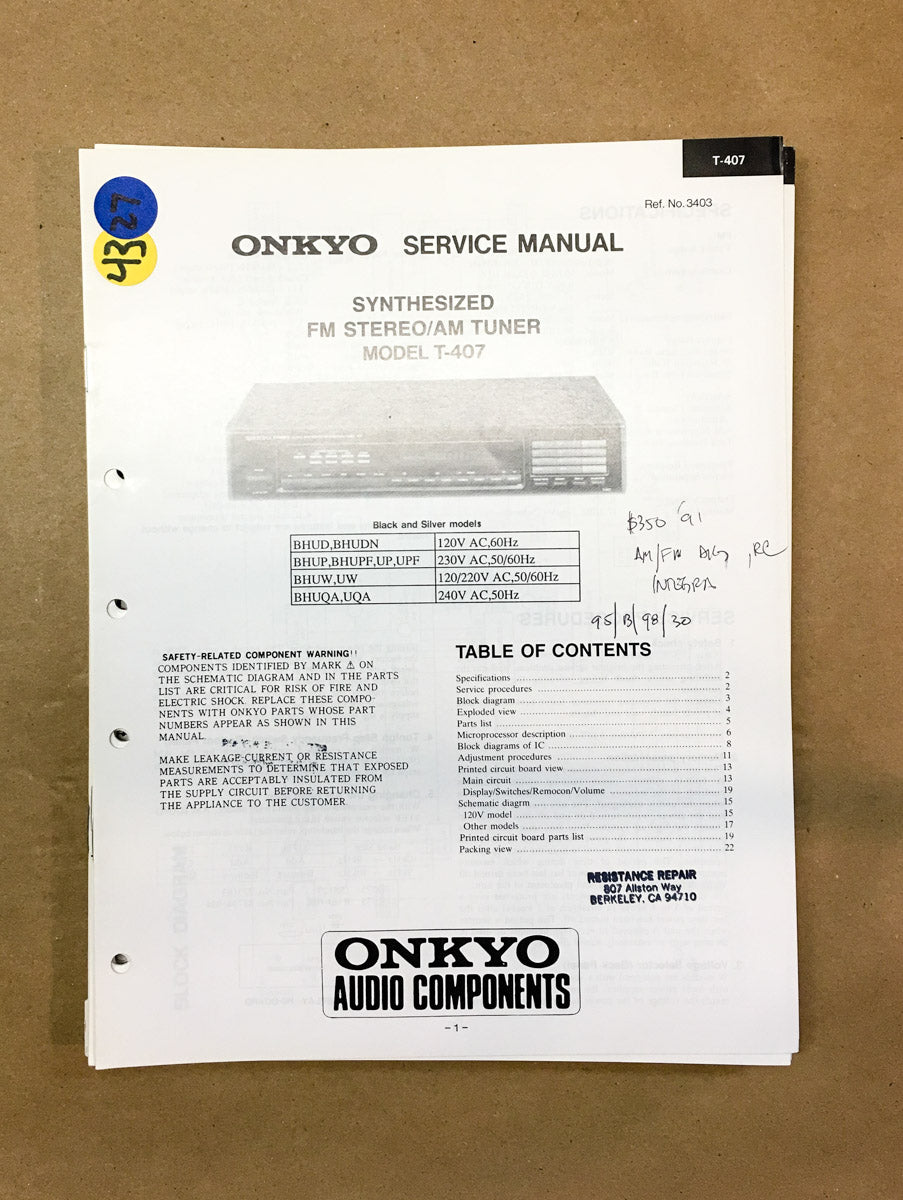 Onkyo T-407 Tuner  Service Manual *Original*