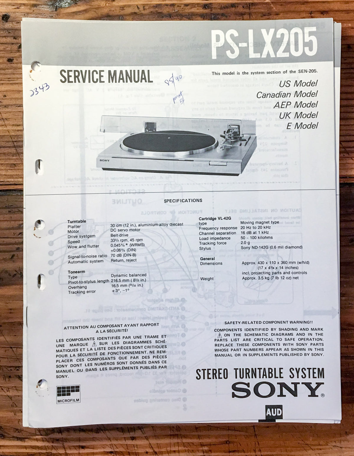 Sony PS-LX205 Record Player / Turntable  Service Manual *Original*